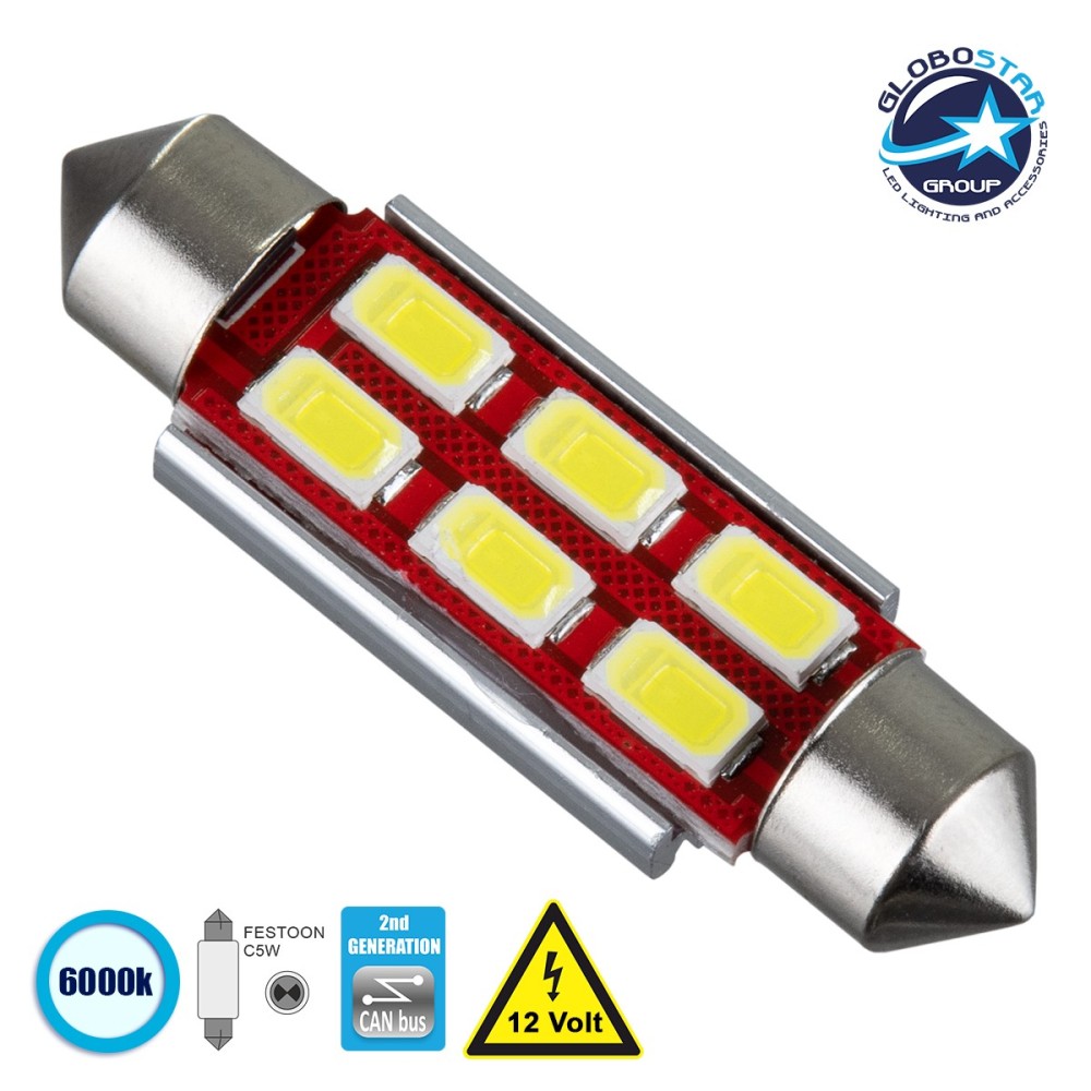 GloboStar® C5W 81322 Λάμπα Αυτοκίνητου 42mm FESTOON  2nd Generation Can-Bus Series LED 6 SMD 5630 4W 600lm 120° DC 12V IP20 Ψυχρό Λευκό 6000K